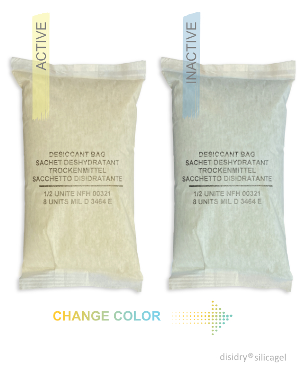 Silica gel desiccant pouches with color indicator that changes color when depleted