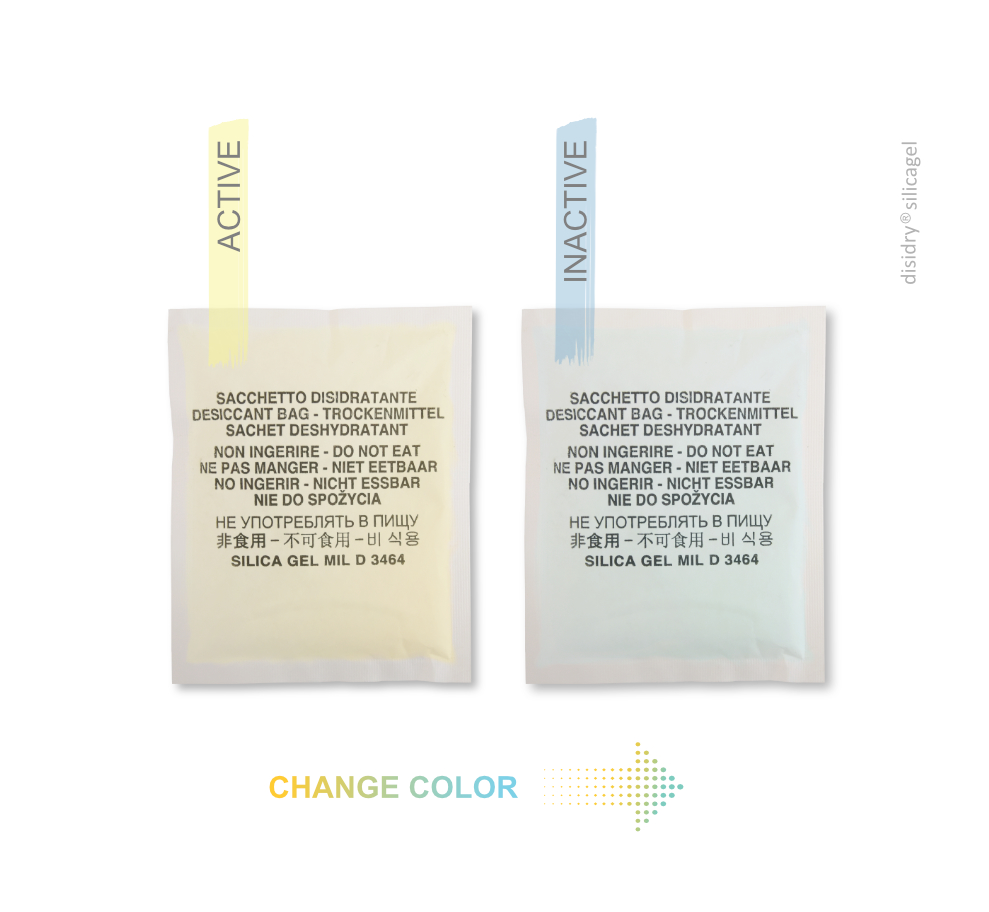gel de silice avec indicateur chromatique, change de couleur lorsque les sacs sont épuisés